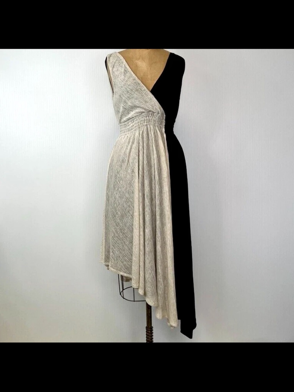 Maeve Two-Tone Asymmetrical V-Neck Dress in Cream and Black